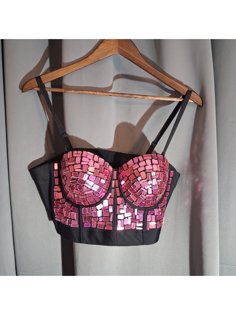 Black Bustier Crop Top with Pink Sequin Embellishments Size XL